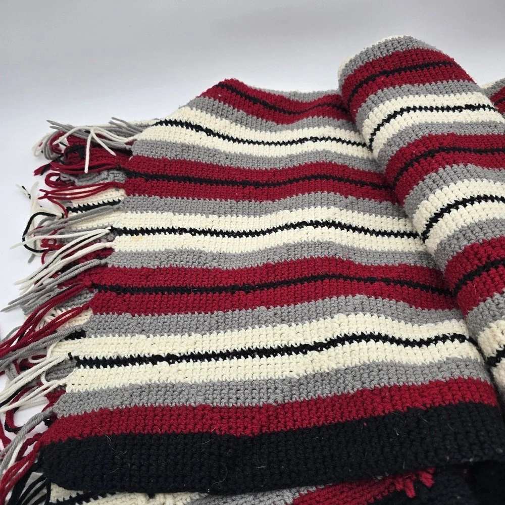 Vintage Handmade Crochet Afghan Blanket Stripes Criss Cross‎ Diamond 48x98